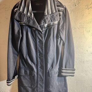 Prana Grey Coat with Striped Collar, stripe details at collar and cuffs, longer